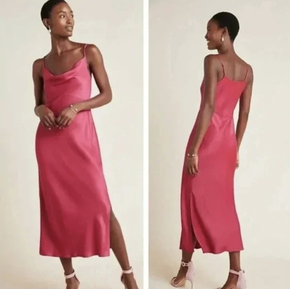 Anthropologie Elyse Satin Cowl Neck Spaguetti Strap Slip Midi Dress Size Small - Picture 2 of 13